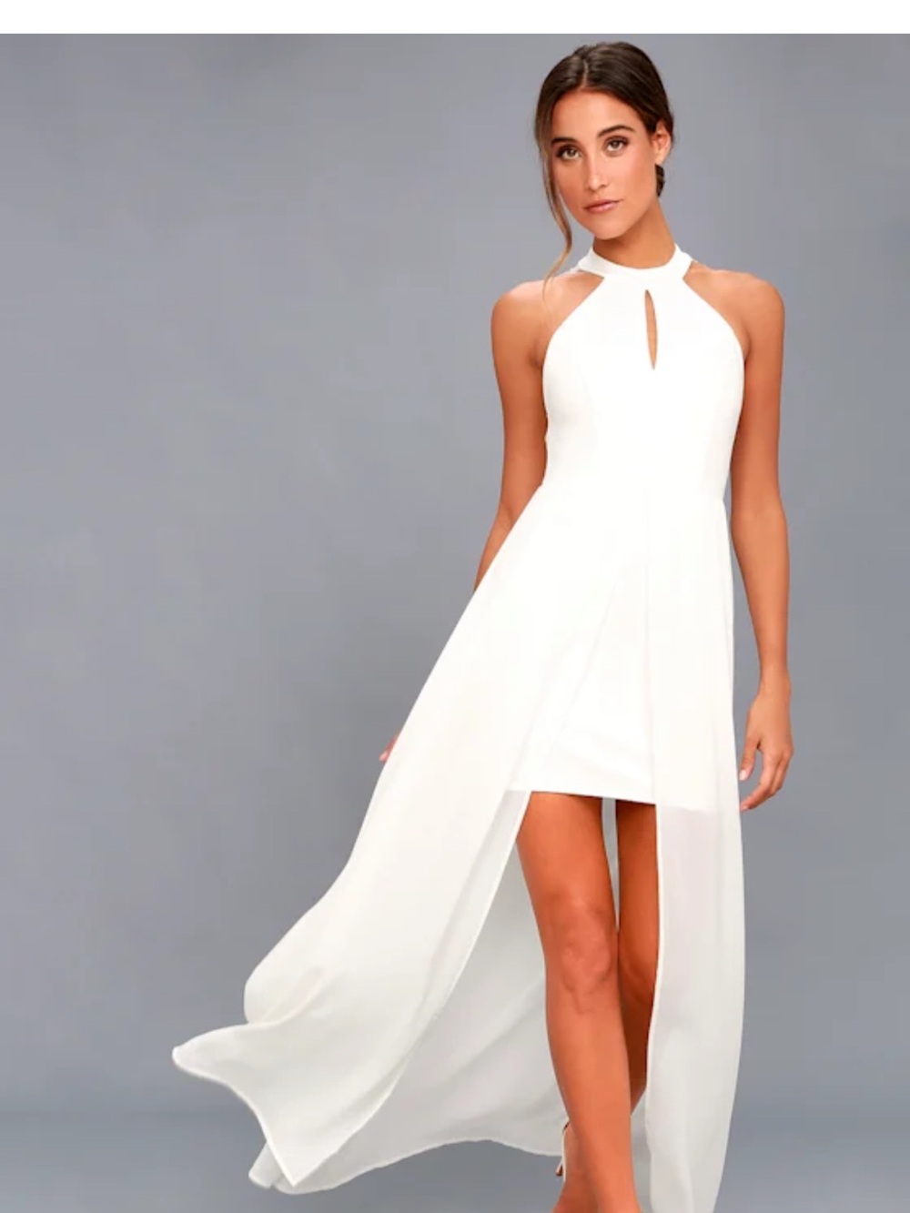 Lulu's Ivory High-Low Lace Halter Overlay Dress